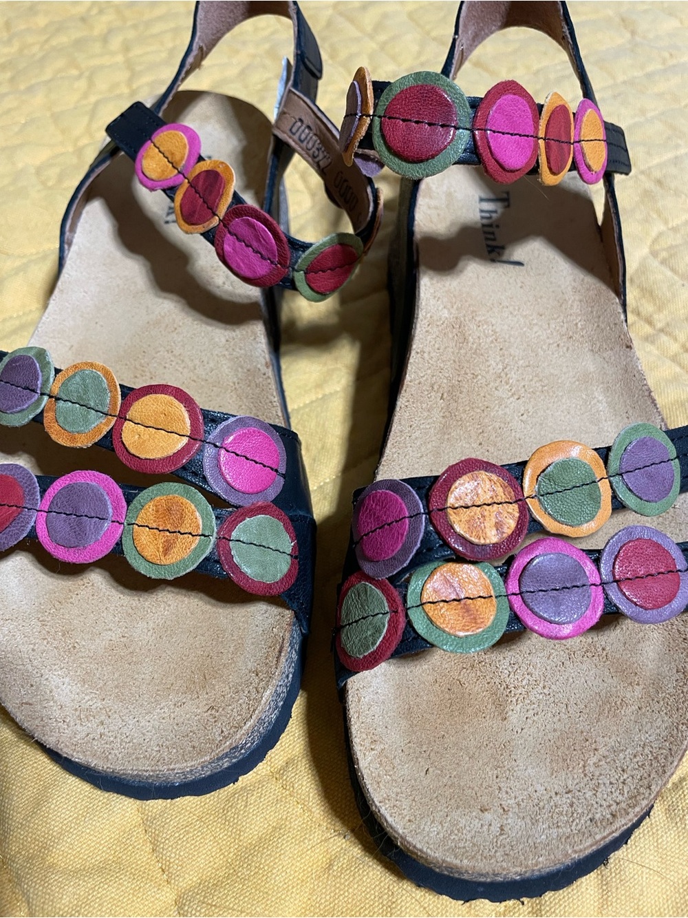 Think! Size 39 Black Leather Sandals with Multicolor Circle Details. Worn once.